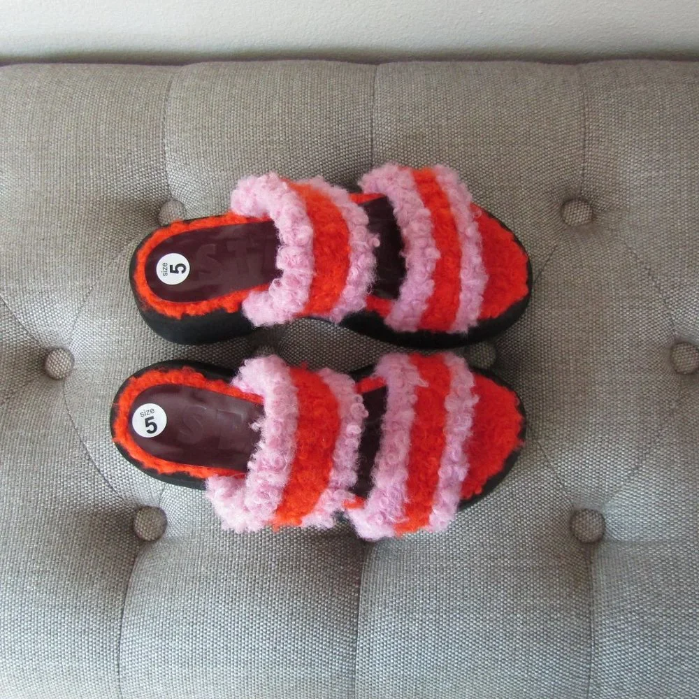 NWOT STAUD Pink and Orange Fuzzy Platform Slide Sandals